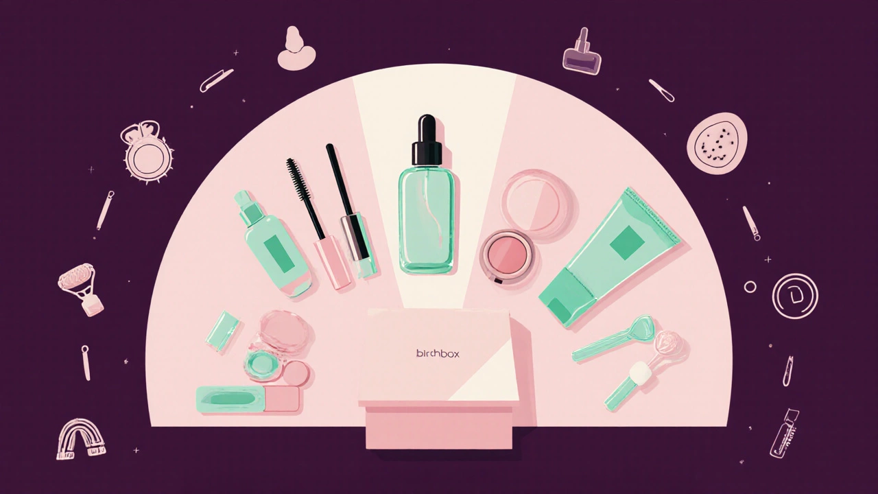 Assortment of sample‑size beauty items and a full‑size product laid out from a Birchbox.