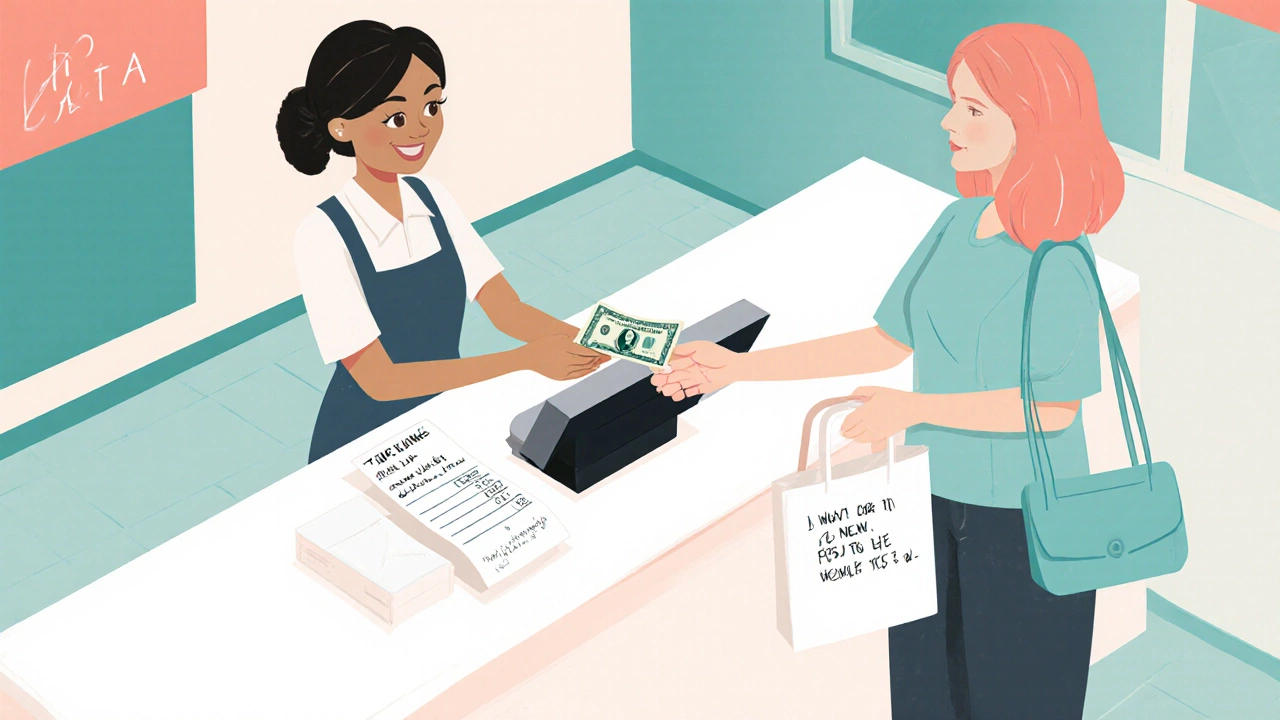 Client hands a bill to a makeup artist at the checkout counter in a tidy salon.