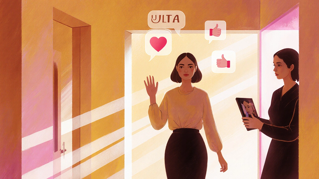 Client leaves the salon smiling, artist waves, abstract icons suggest gratitude and tipping choice.