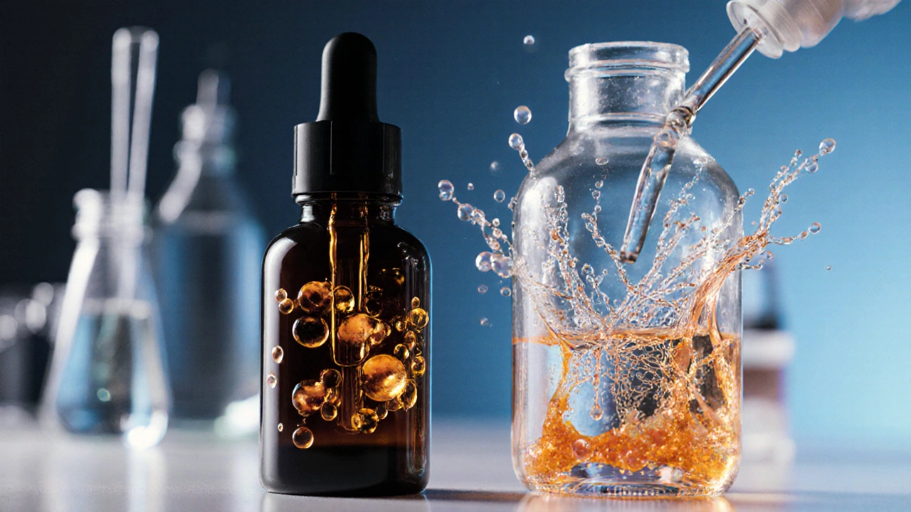 Close‑up lab view showing amber retinol droplets and hyaluronic acid filaments from two serums.