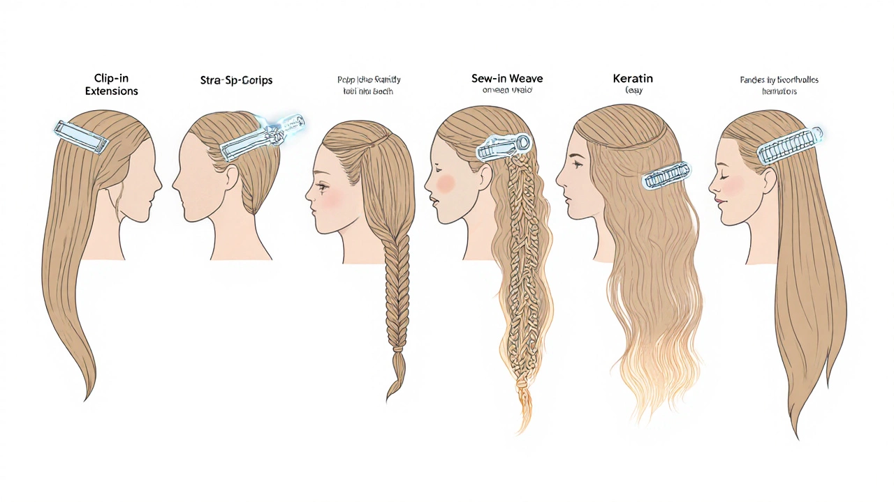 Collage of five hair‑extension types: clip‑in, tape‑in, sew‑in, micro‑link, and keratin bond.