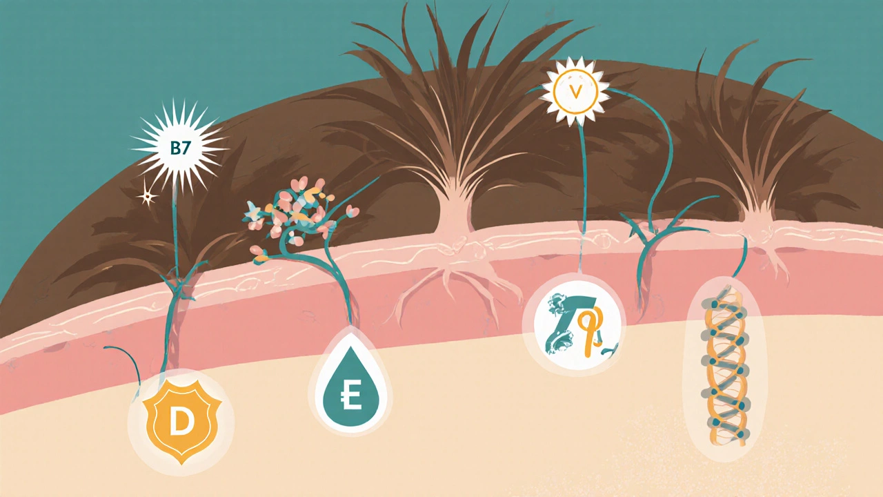 Cross‑section illustration of scalp showing follicles with vitamin symbols.
