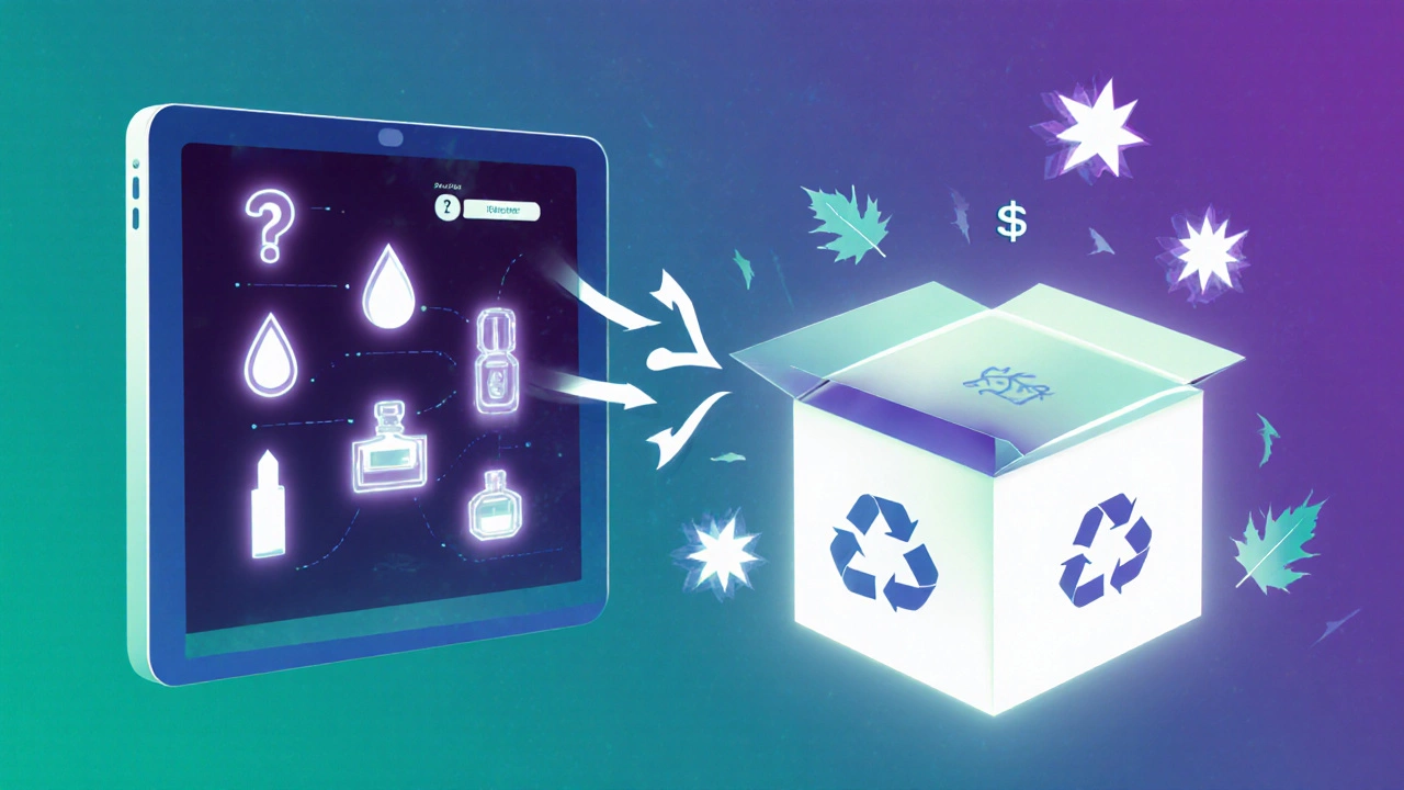 Digital interface showing quiz icons connecting to a Birchbox package with recycling symbols.