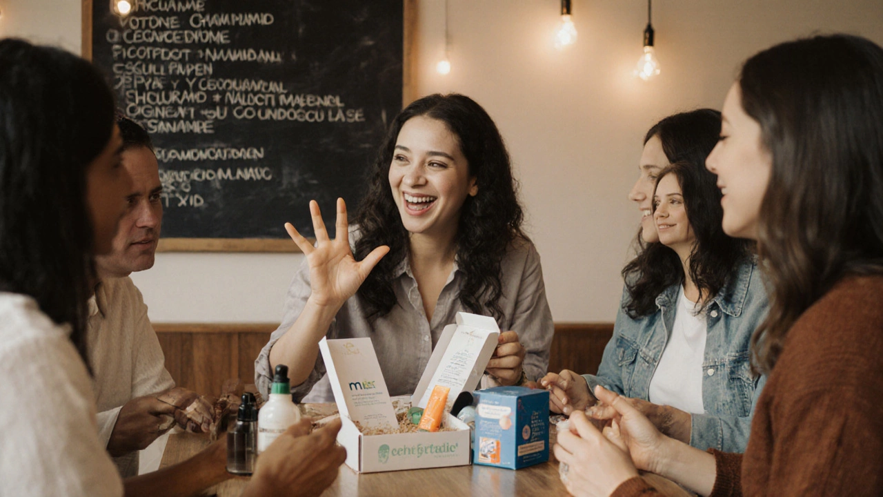 Diverse group of women sharing beauty subscription boxes in a cozy café.