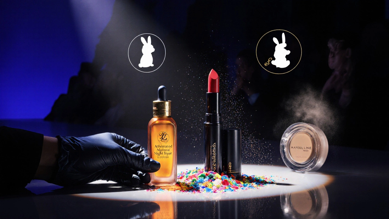 Editorial runway scene highlighting Estée Lauder serum, MAC lipstick, and Maybelline foundation with dramatic lighting.