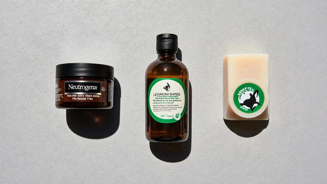 Flat lay comparing Neutrogena product without seal to cruelty‑free brands showing Leaping Bunny logos.