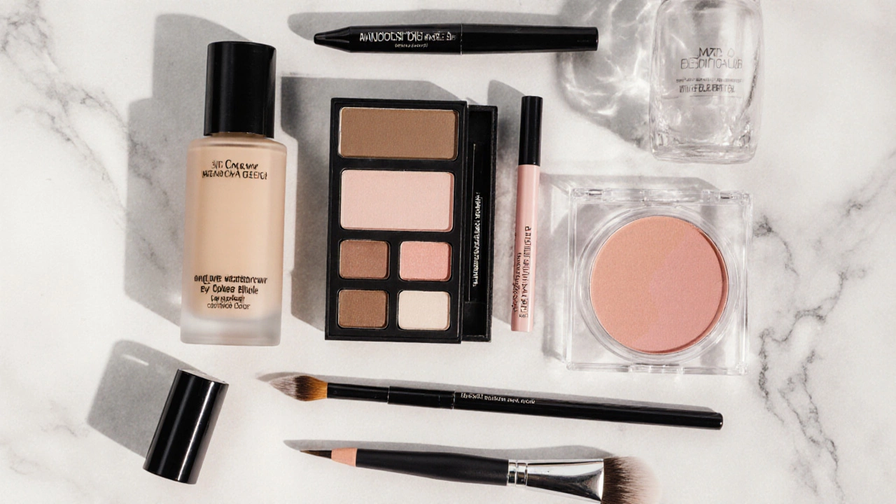 Flat lay of beginner makeup essentials arranged on a marble surface.