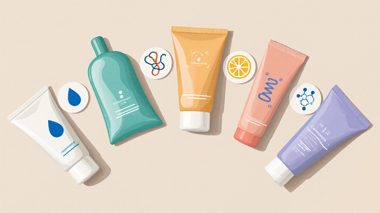 Flat lay of five skincare bottles with ingredient icons on a pastel background.