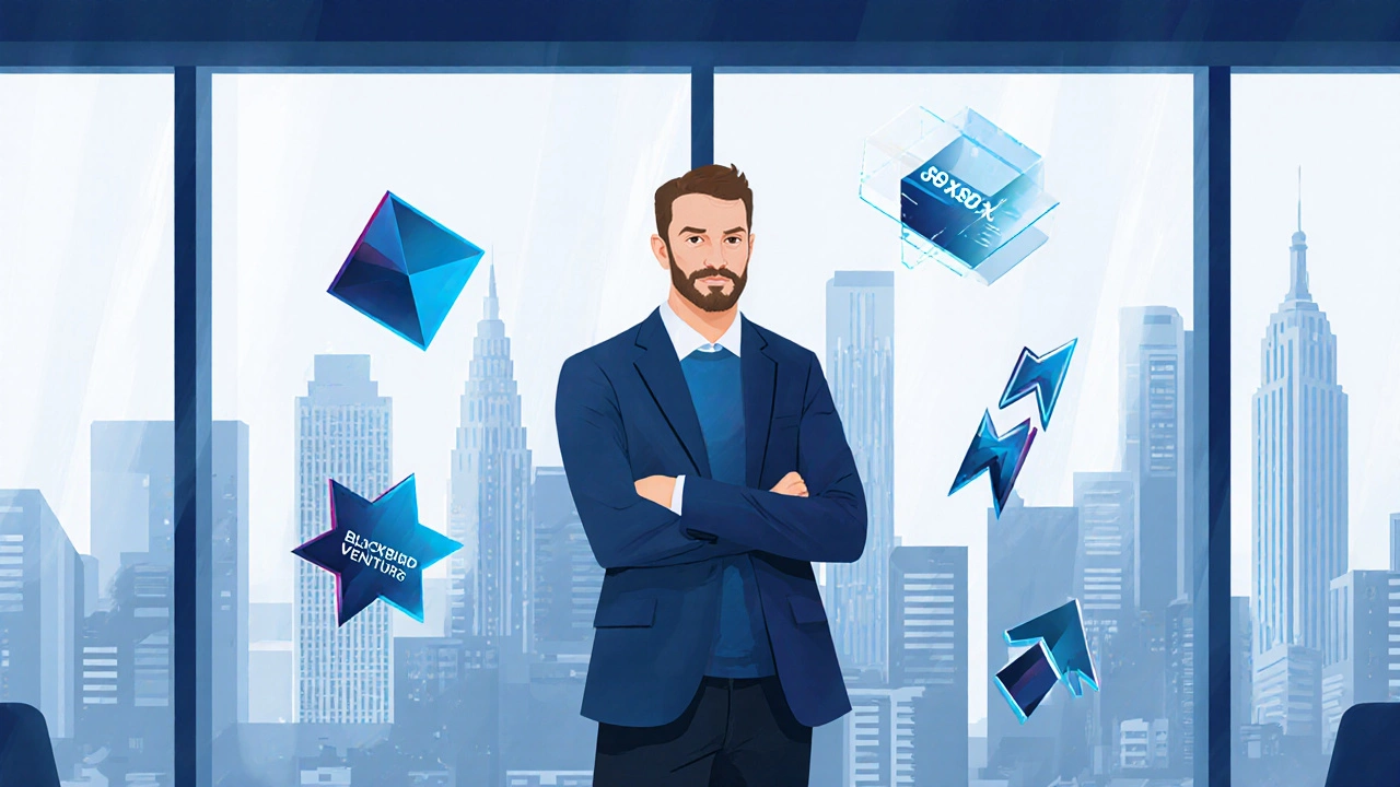 Founder Paul Jantz in a glass office with abstract venture capital symbols.