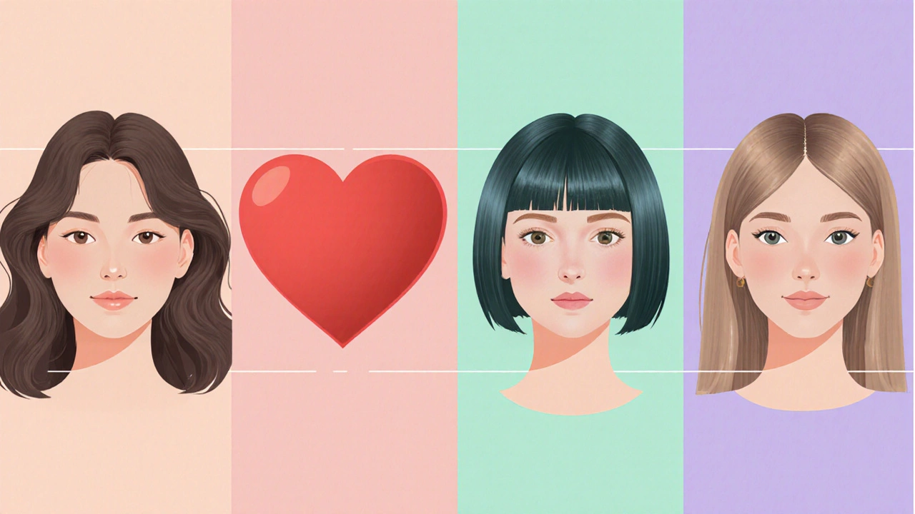 Four portraits show oval, heart, round, and square faces with recommended hair styles.