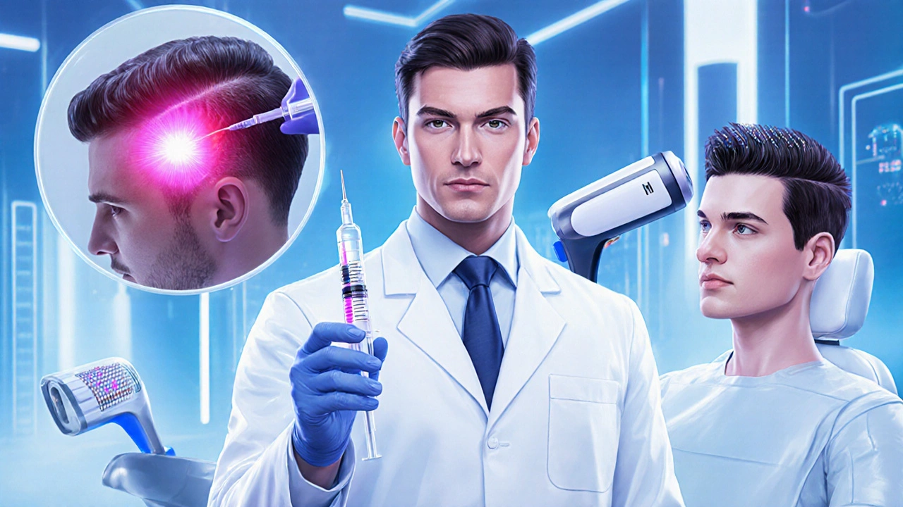 Futuristic clinic scene with PRP injection, hair transplant, and microneedling.