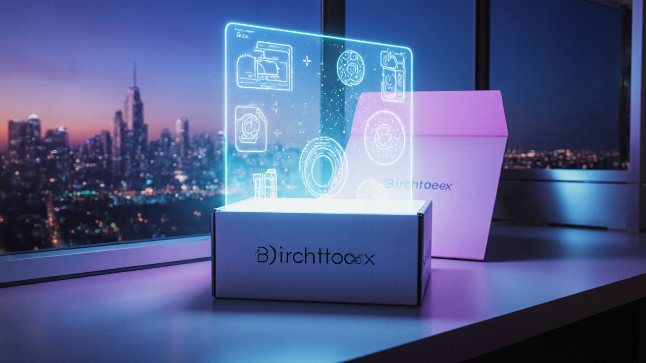 Futuristic scene of a Birchbox with holographic AI recommendations in a sleek workspace.