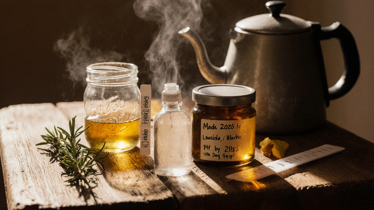 Home DIY skincare setup with jars, pH strips, and Leucidal Liquid under warm lighting.