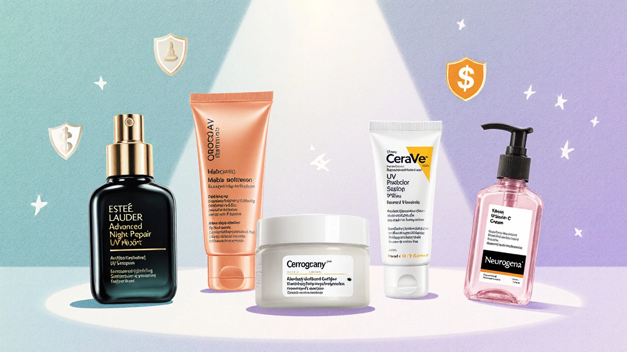 Illustrated display of five top skincare products with brand icons.