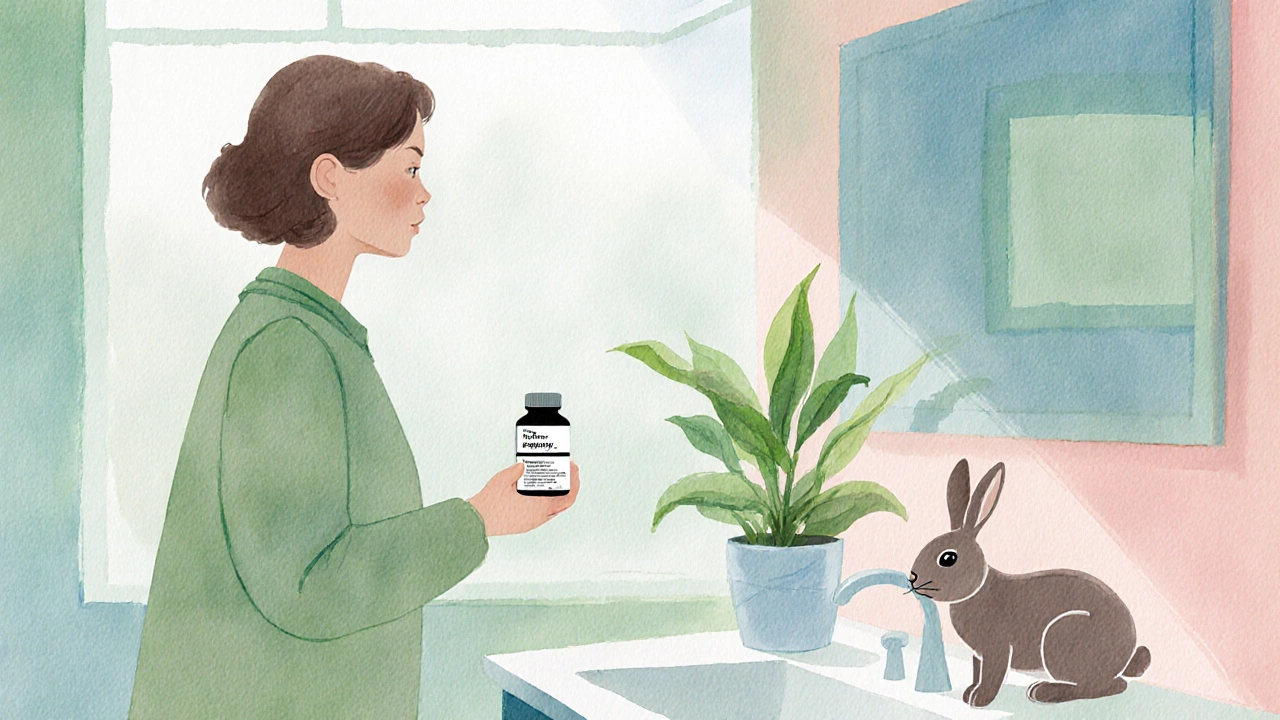 Illustrated scene of a person selecting a cruelty‑free moisturizer, with a rabbit beside the sink.
