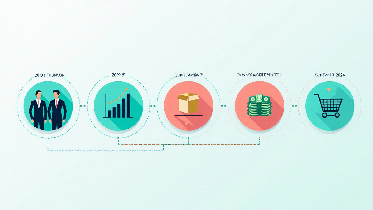 Illustrated timeline of Birchbox milestones with icons for launch, peak, pivot, financing, and stabilization.