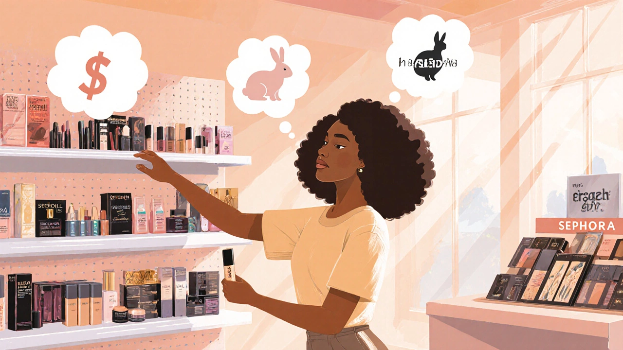 Illustration of a woman in a beauty aisle choosing between drugstore and high‑end cosmetics, holding e.l.f. concealer.
