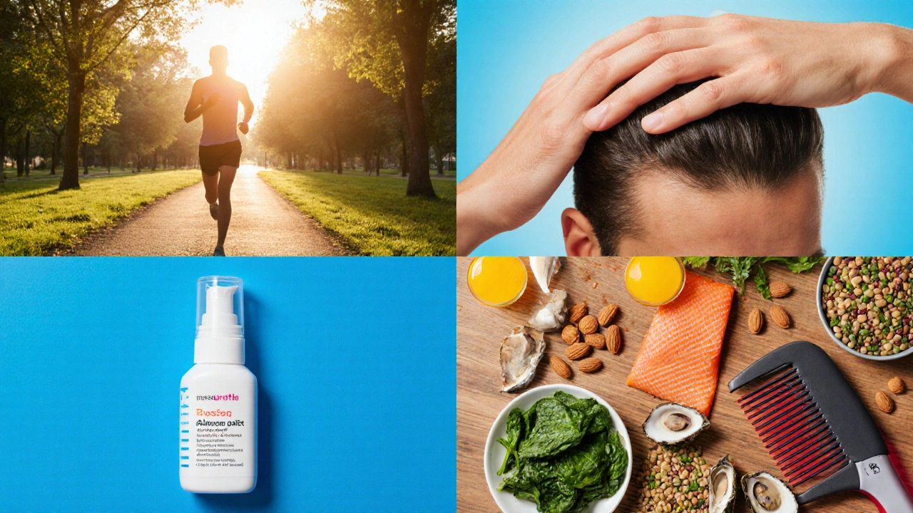 Illustration of exercise, scalp massage, nutritious foods, and minoxidil laser comb.