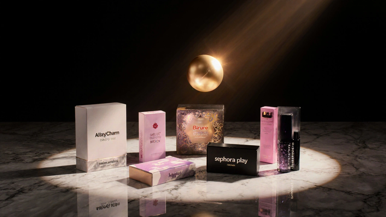 Luxury beauty subscription boxes on a table highlighting Luxe Box influence.