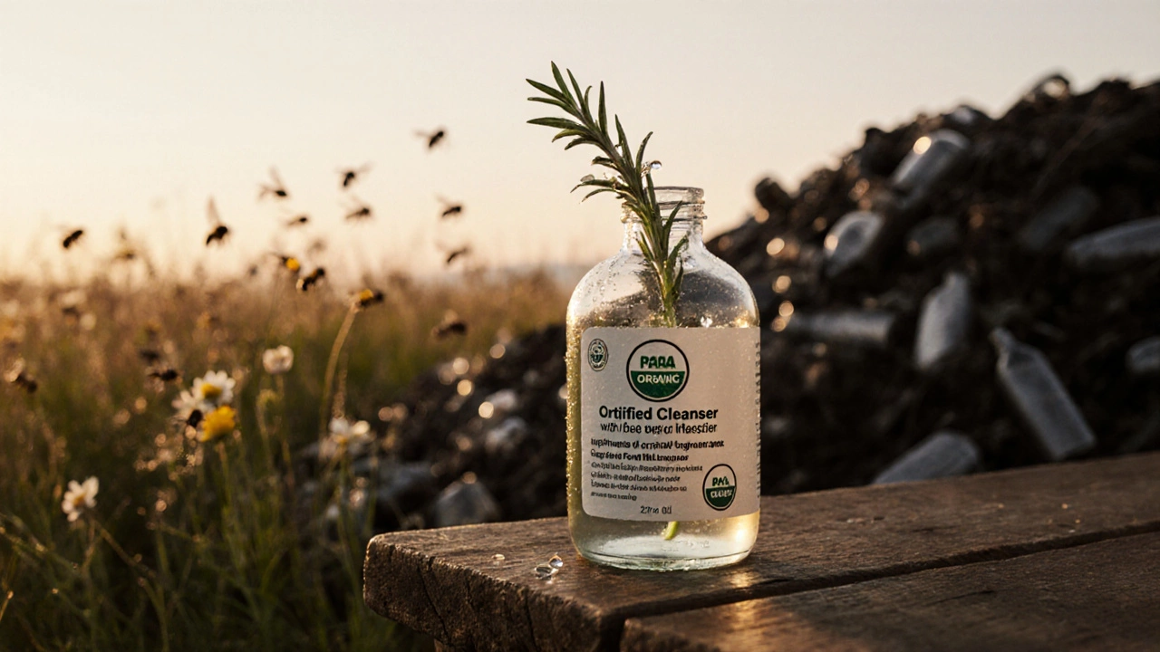 Recycled glass organic cleanser bottle beside bees, with plastic waste landfill in the background.