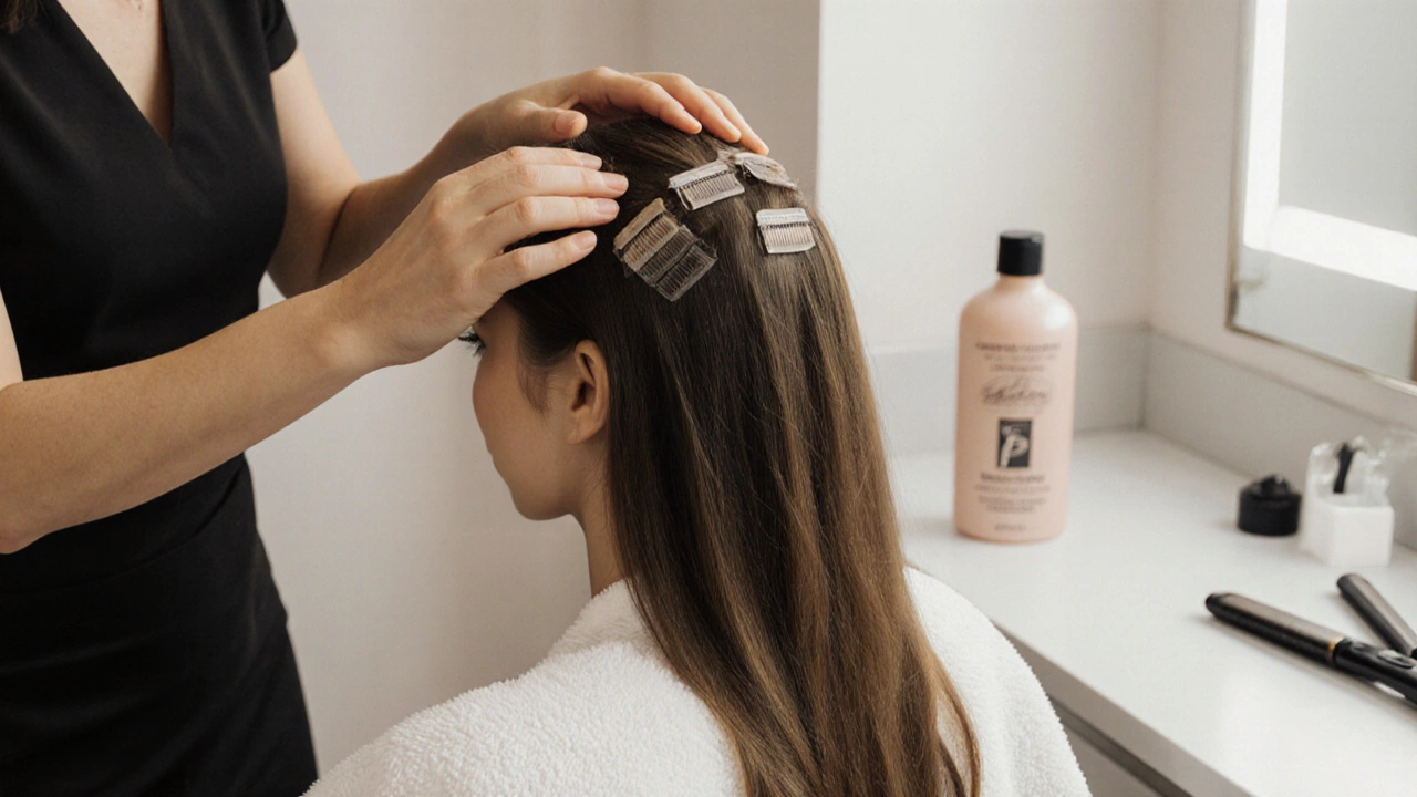 Salon scene with a stylist caring for extensions, using gentle shampoo and low‑heat tools.