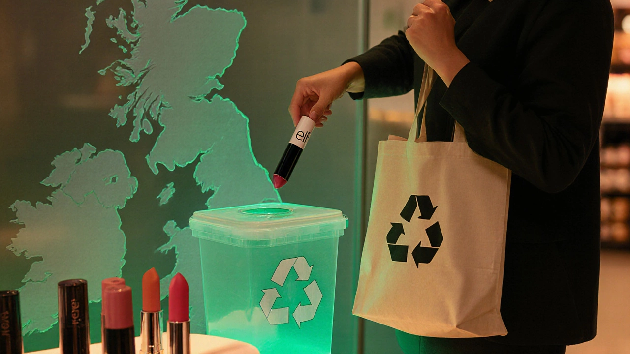 Shopper recycles empty Elf lipstick tube in store recycling bin surrounded by sustainable containers.