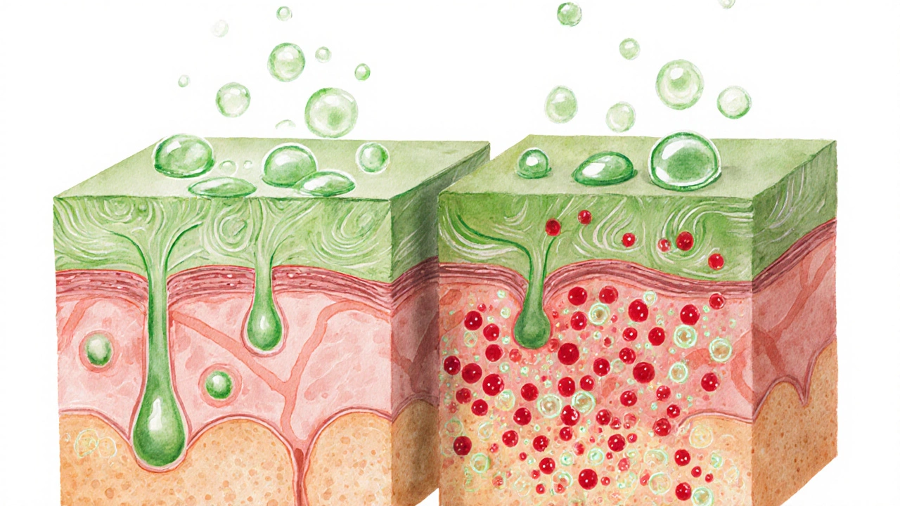 Skin cross‑section showing organic moisturizer supporting barrier and microbiome versus harsh chemicals causing irritation.
