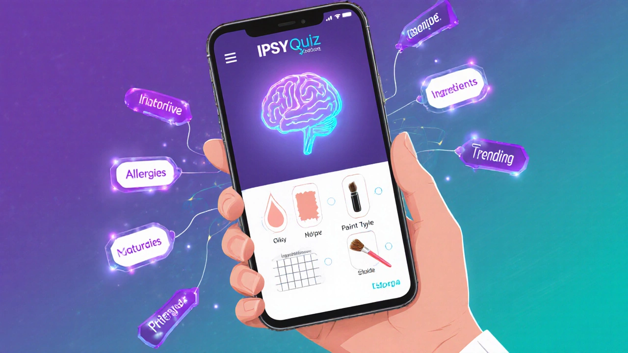 Smartphone showing IPSY beauty quiz with icons for skin type, shade, style, and trends.