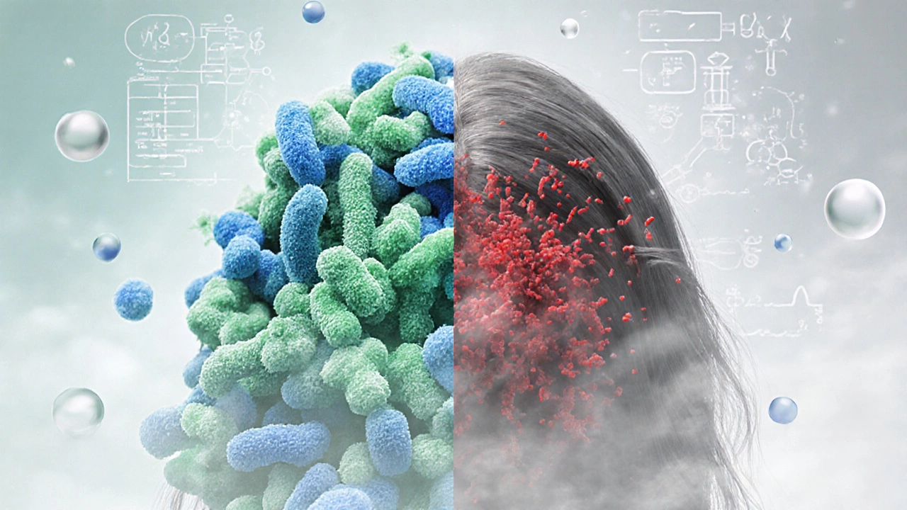 Split illustration showing healthy scalp microbiome versus damaged by harsh shampoos.