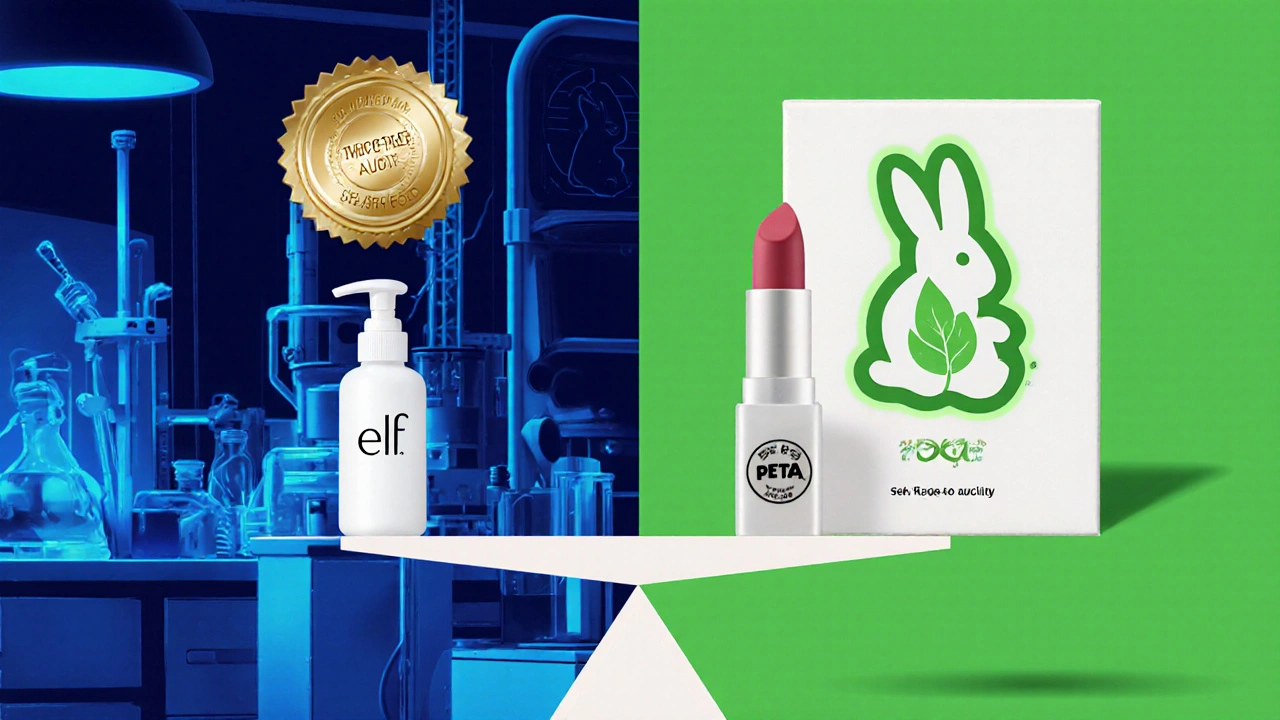 Split illustration shows audit badge and recycled Elf packaging balanced on a scale.