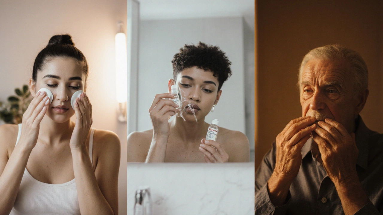 Three people follow different nighttime skincare routines in minimalist bathrooms.