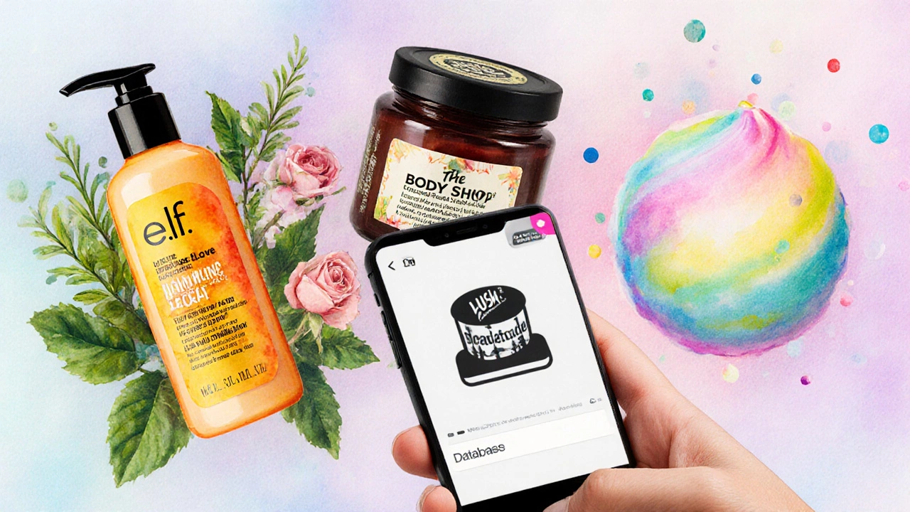 Watercolor collage of e.l.f., The Body Shop, and Lush products with a phone for verification.