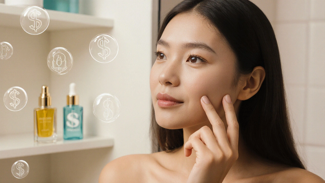 Woman applying serum in bathroom, with both high‑end and drugstore products on a shelf behind her.