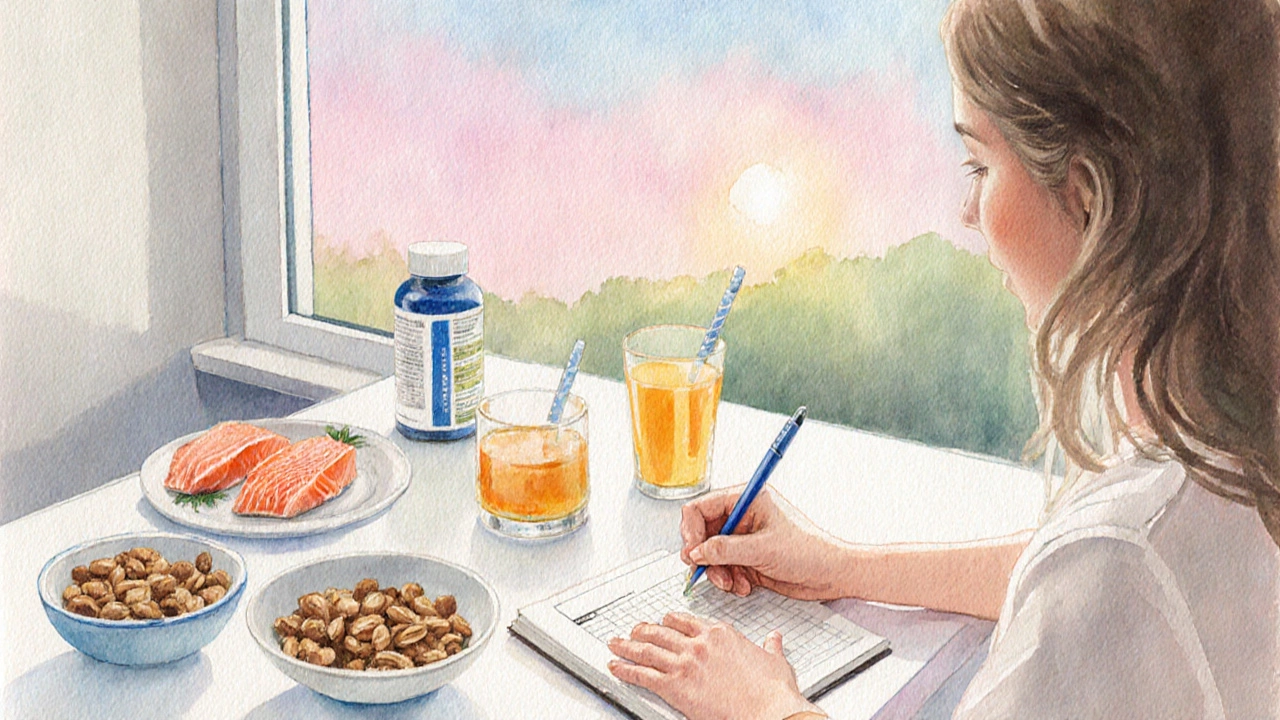Woman at a kitchen table tracking supplements with colorful foods around her.