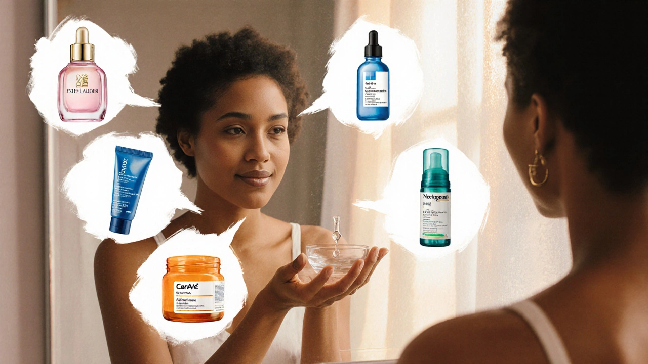 Woman at bathroom vanity with watercolor brand thought bubbles.