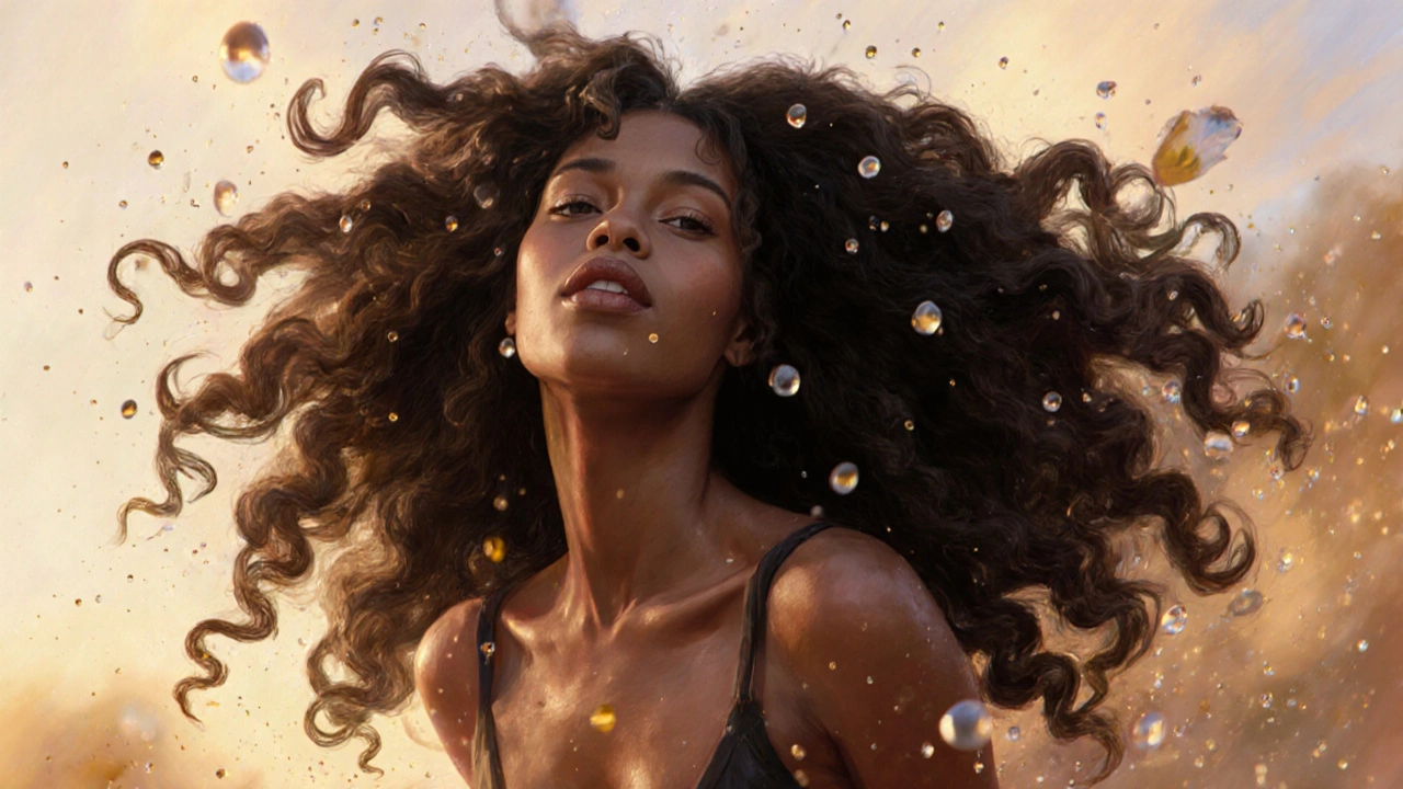 Woman with bouncy Type 3 curls mid-motion, water droplets and natural ingredients floating around.