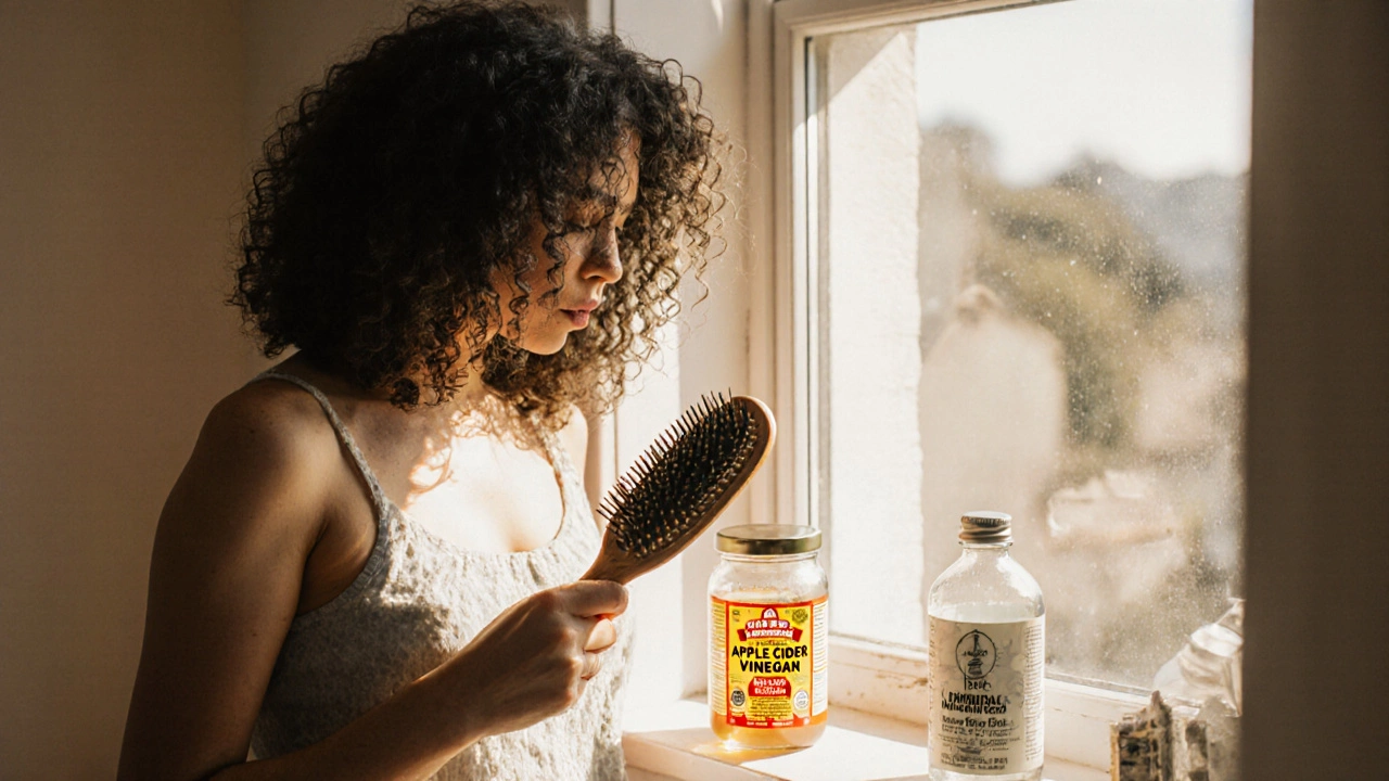 Woman with curly hair holding boar brush beside vinegar rinse, shampoo bottle discarded.