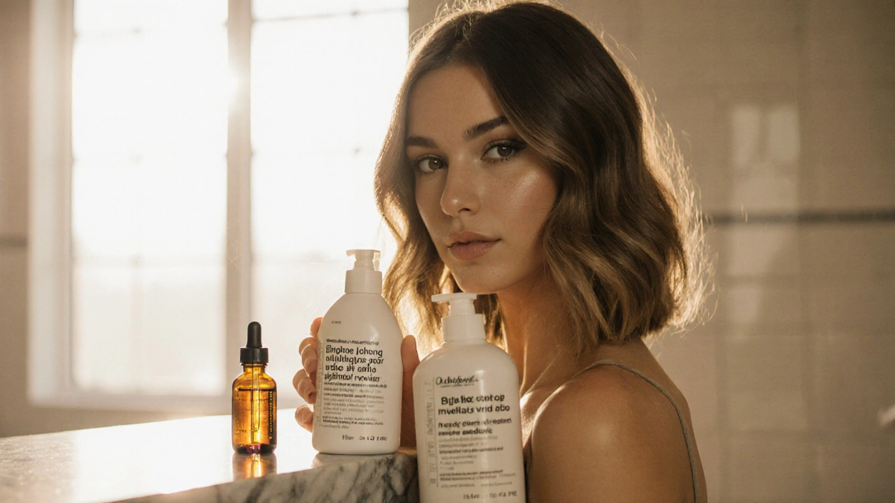 Woman with healthy medium‑length hair uses hair‑care products by a sunny window.