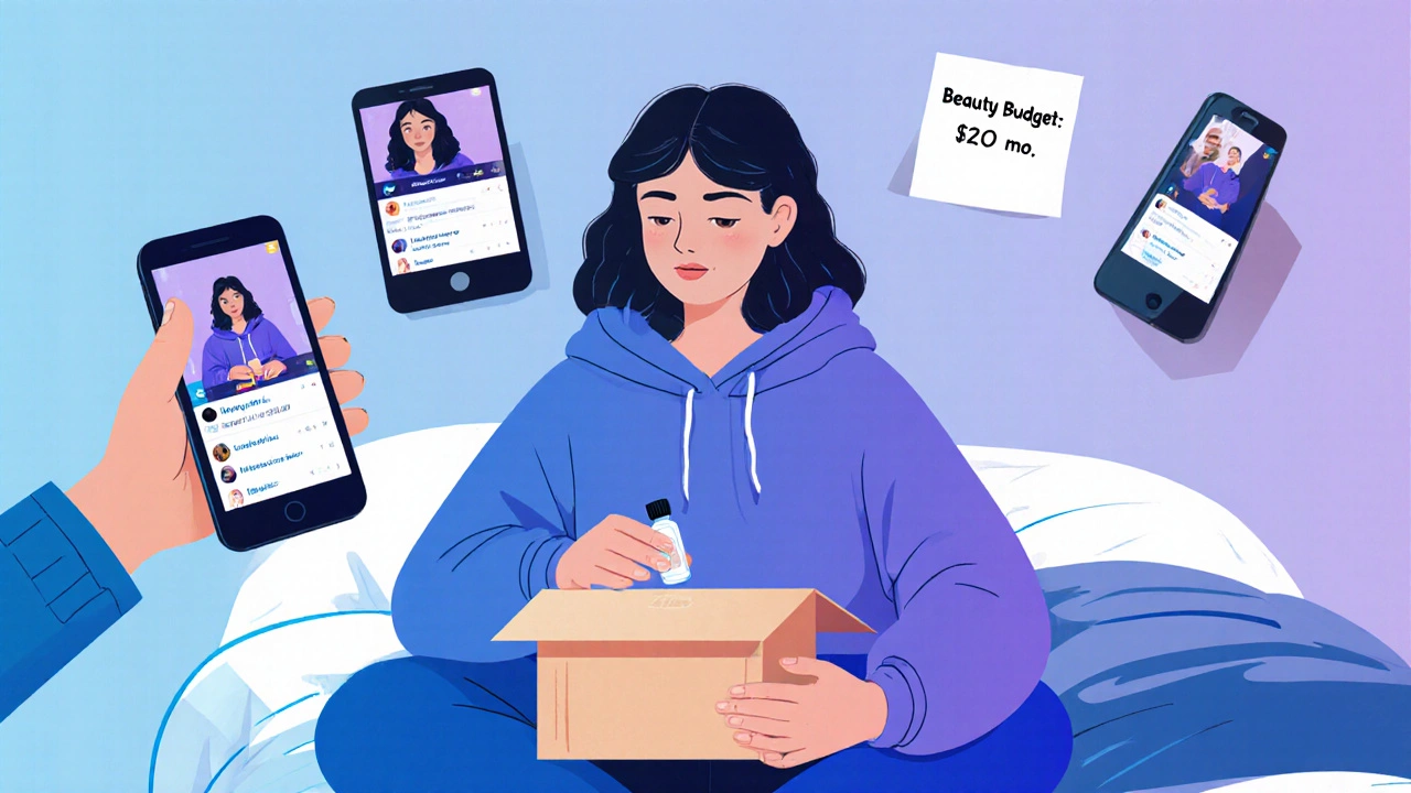 Young woman unboxing a beauty subscription in her dorm room with phone screens showing TikTok videos.