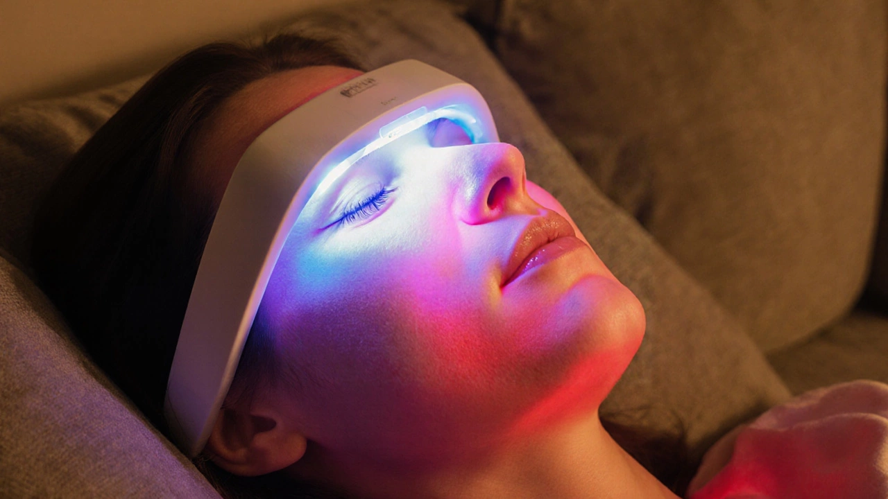 A person using a handheld red and blue LED therapy device on their face at home, with soft glowing light on skin.
