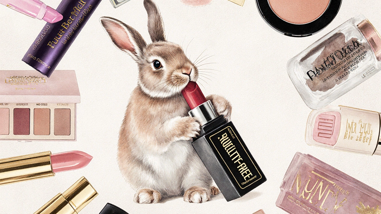 A rabbit softly touching a cruelty-free lipstick, surrounded by ethical beauty brands in a watercolor style.