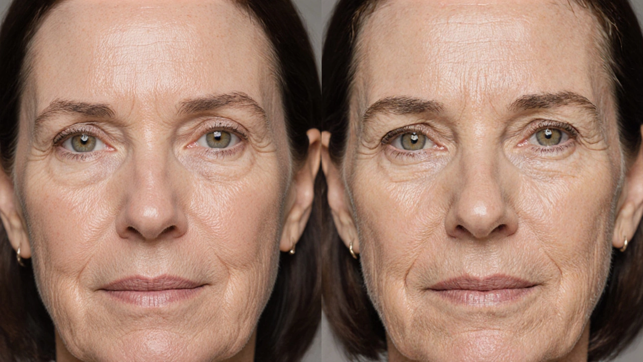 Before and after comparison of a woman&#039;s face showing reduced wrinkles with consistent skincare and professional treatments.