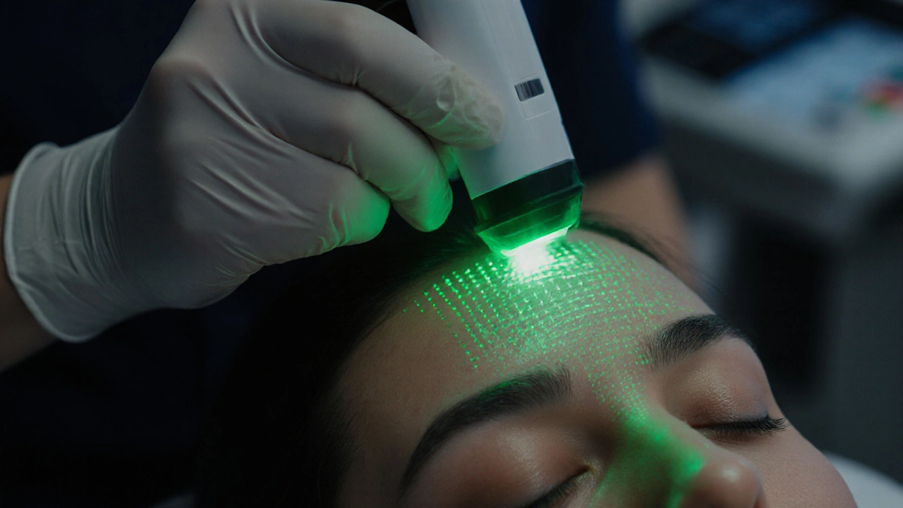 Dermatologist using fractional laser on forehead, green laser dots scanning skin in a clinical setting.