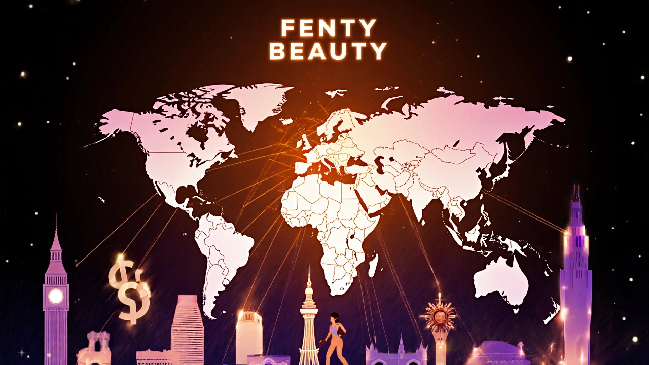 Global map with glowing sales lines radiating from Fenty Beauty’s logo to major cities.