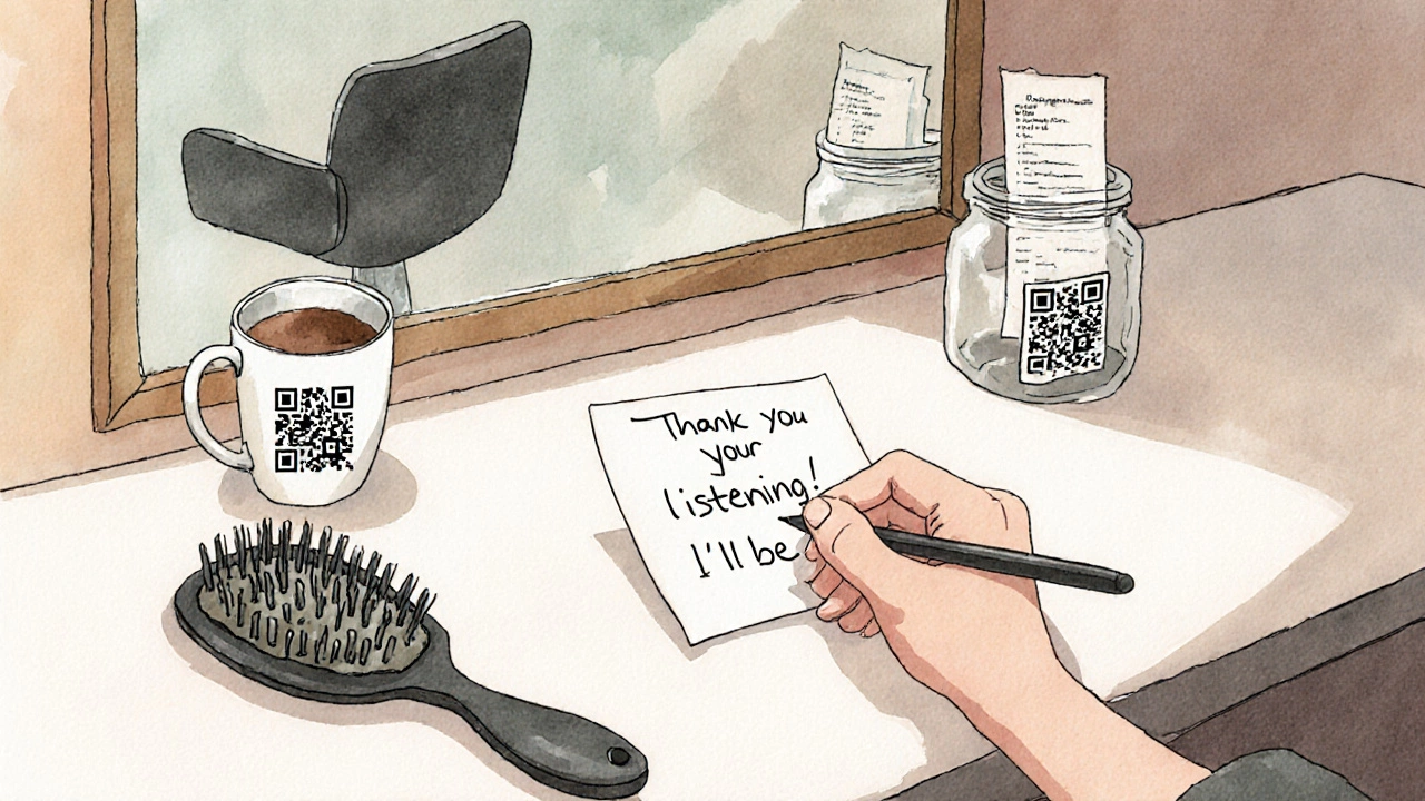 Handwritten thank-you note beside coffee and hairbrush on a salon counter.
