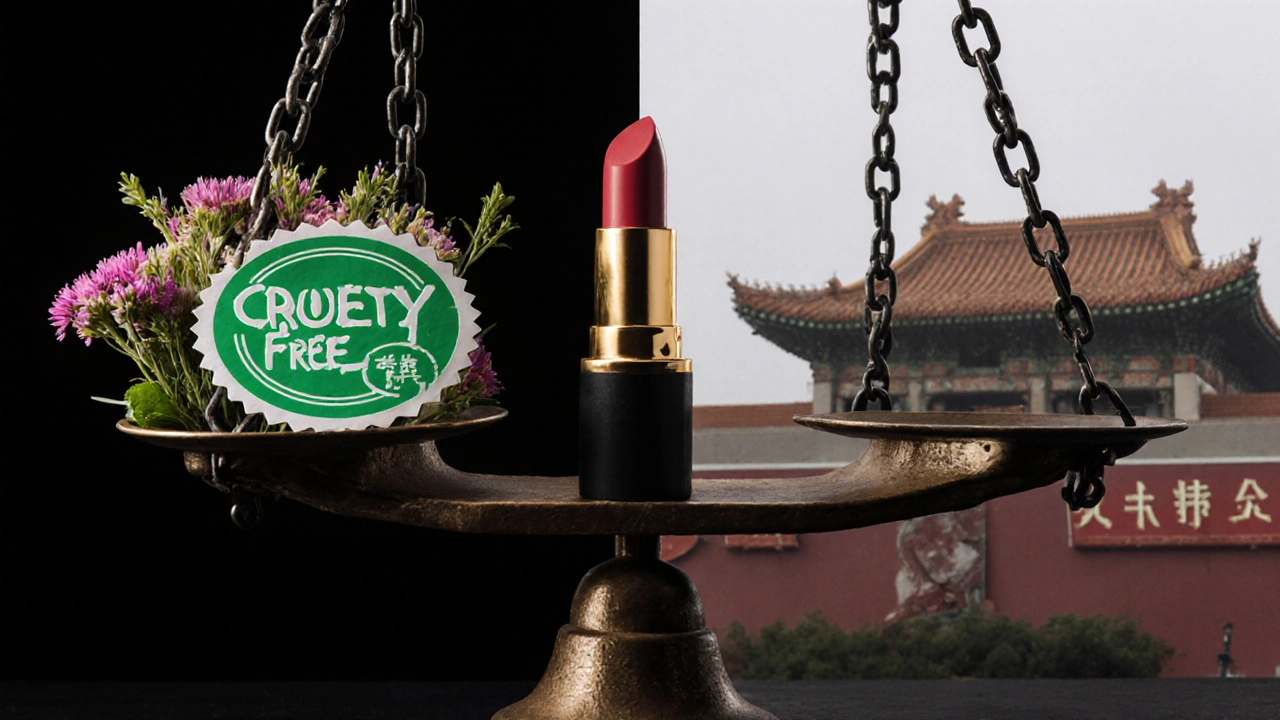 Lipstick on a scale balanced by flowers versus chains and a crumbling Chinese building.