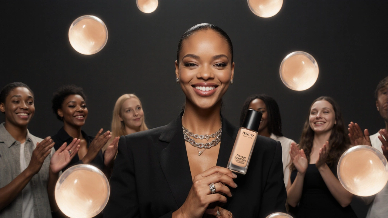 Rihanna holding a Fenty Beauty foundation bottle surrounded by floating shade orbs.