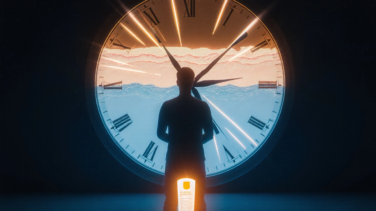 Silhouette with UV rays damaging skin layers, protected by a glowing sunscreen shield.