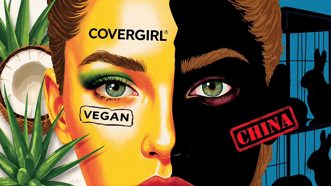 Split-face portrait showing vegan beauty on one side, animal testing shadows on the other.