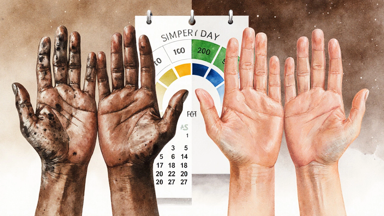 Split image comparing sun-damaged hands versus protected hands with seasonal background.